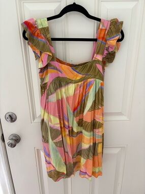 Kourt Pink Green Tropical Print Square Neck Ruffled Linen Mini Dress NWT XS